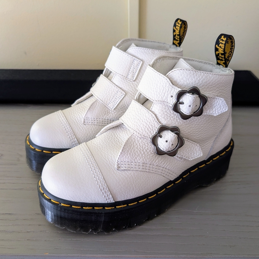 Dr. Martens White Devon Flower Buckle Leather Platform Boots 10